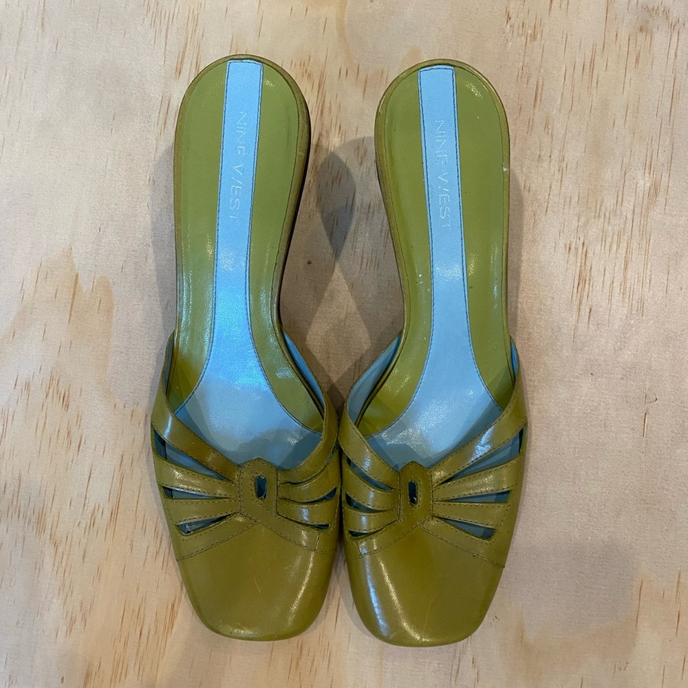 Nine West Olive Green Cutout Leather Slip-On Mules
